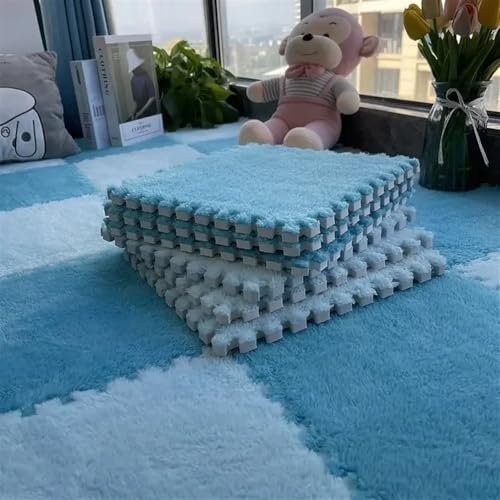 10pcs Foam Carpet Tiles,Four Seasons Universal Suede Floor Mat,Stitching Bedroom Wall-to-Wall Carpeting,RV Carpet Tiles for Bedroom, Playroom,Exercise(Dark Blue Light Blue)