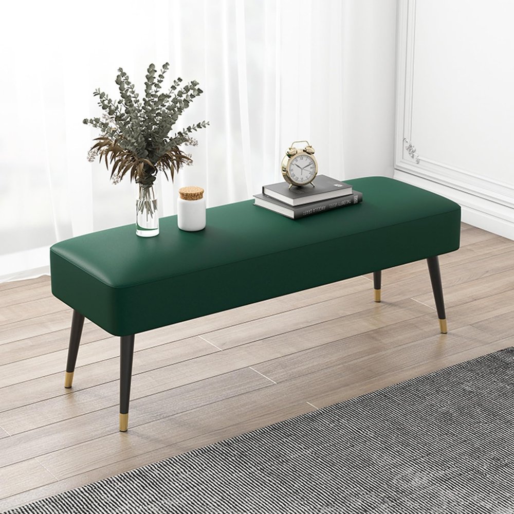 End of Bed Bench, Indoor Corner Upholstered Entryway Shoe Change Bench with Metal Legs, Modern Faux Leather Cushioned Ottoman Bench for Living Room, Bedroom, Dining Room, Hallway(Dark Green,120x40x43c