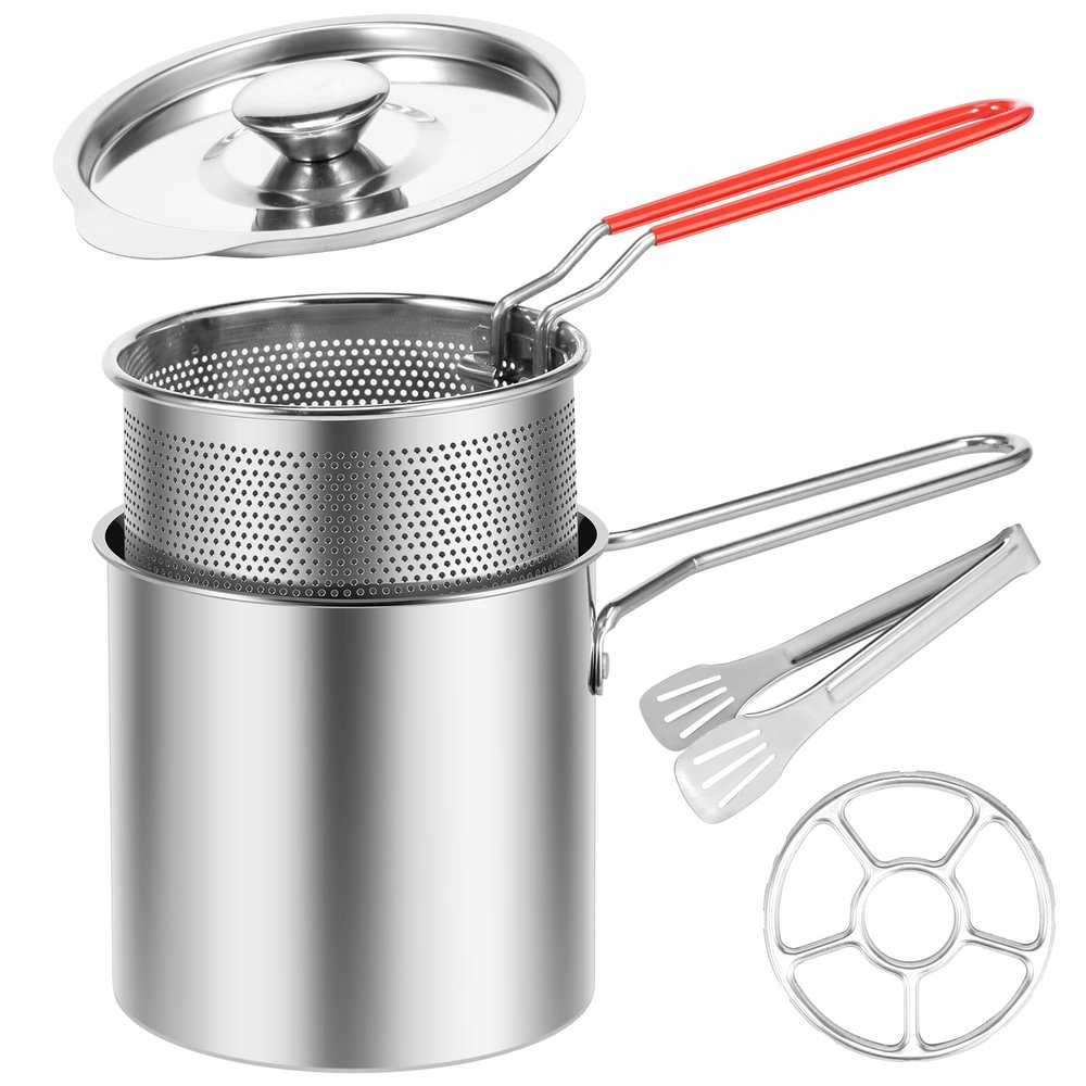 HSHGZSR Deep Fryer Pot Heat Resistant Fryer Pot Stainless Steel Deep Oil Fryer Food Grade Outdoor Cooking Fryer with Strainer Basket and Riveted Handle for Frying Fish Shrimp Chicken Fries (Style 3)