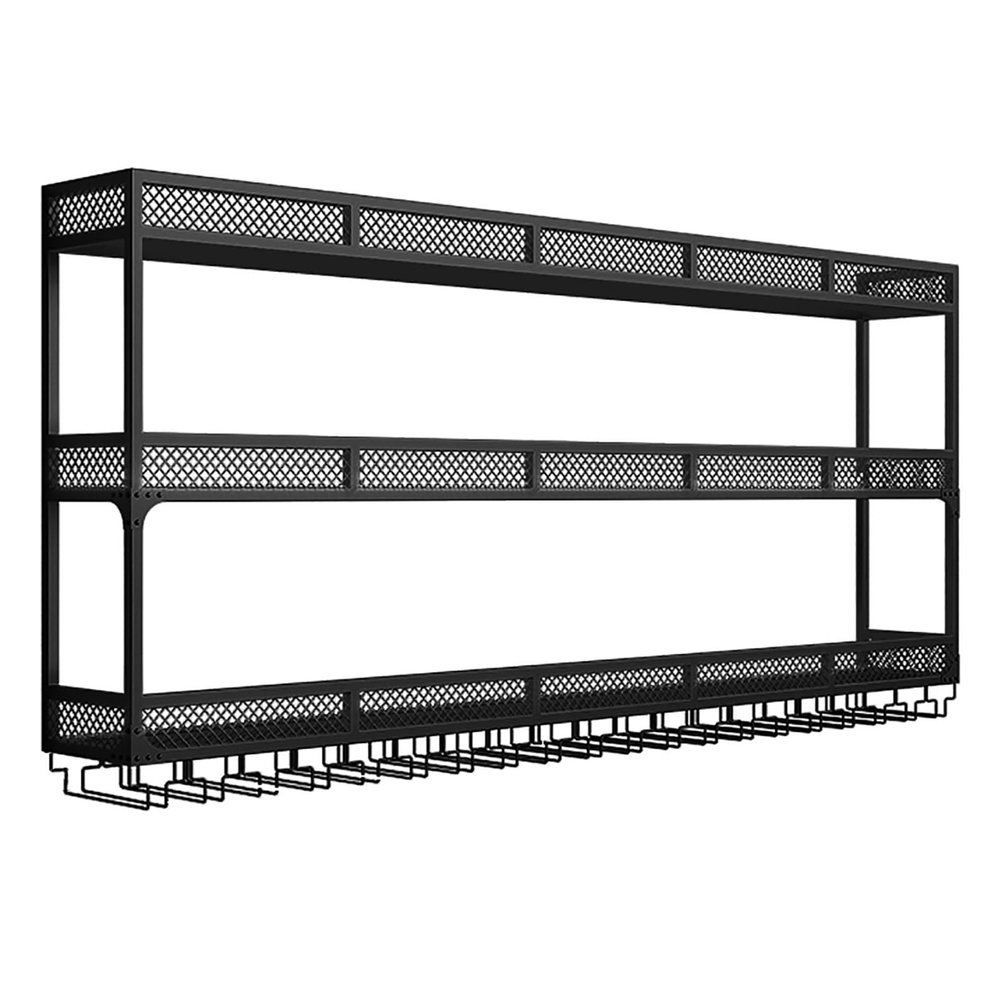 SARKEY Modern Wall Mounted Wine Rack with LED Light, Bar Unit Floating Liquor Shelves with Wine Glass Holder, Multi Functional Display Storage Organizer, for Kitchen Wine Cellar(Black,100x25x90cm)