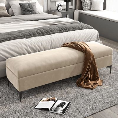 Bedroom Bench Seat with Storage, Upholstered Velvet Ottoman Bench with Metal Legs, Safety Hinge Flip Top Foot Rest Long Stool for Sofa Couch End of Bed Bench Living Room Entryway(Khaki,60x40x43cm)