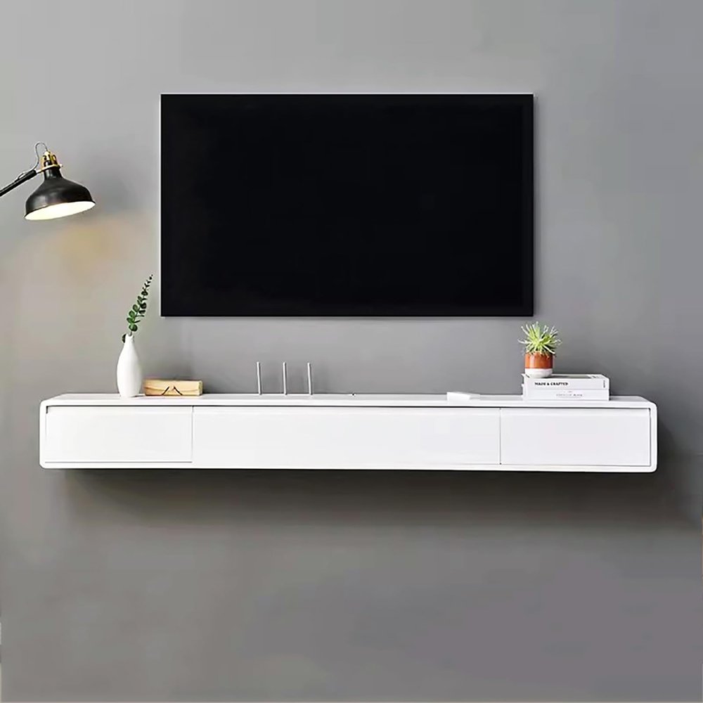 Lebolna Solid Wood Floating Tv Stand Shelf with Drawers,Wall Mounted Entertainment Center Floating Media Console,Farmhouse Wooden Floating Tv Cabinet for Living Room(47.2" W x 8" D x 9.5" H, White)