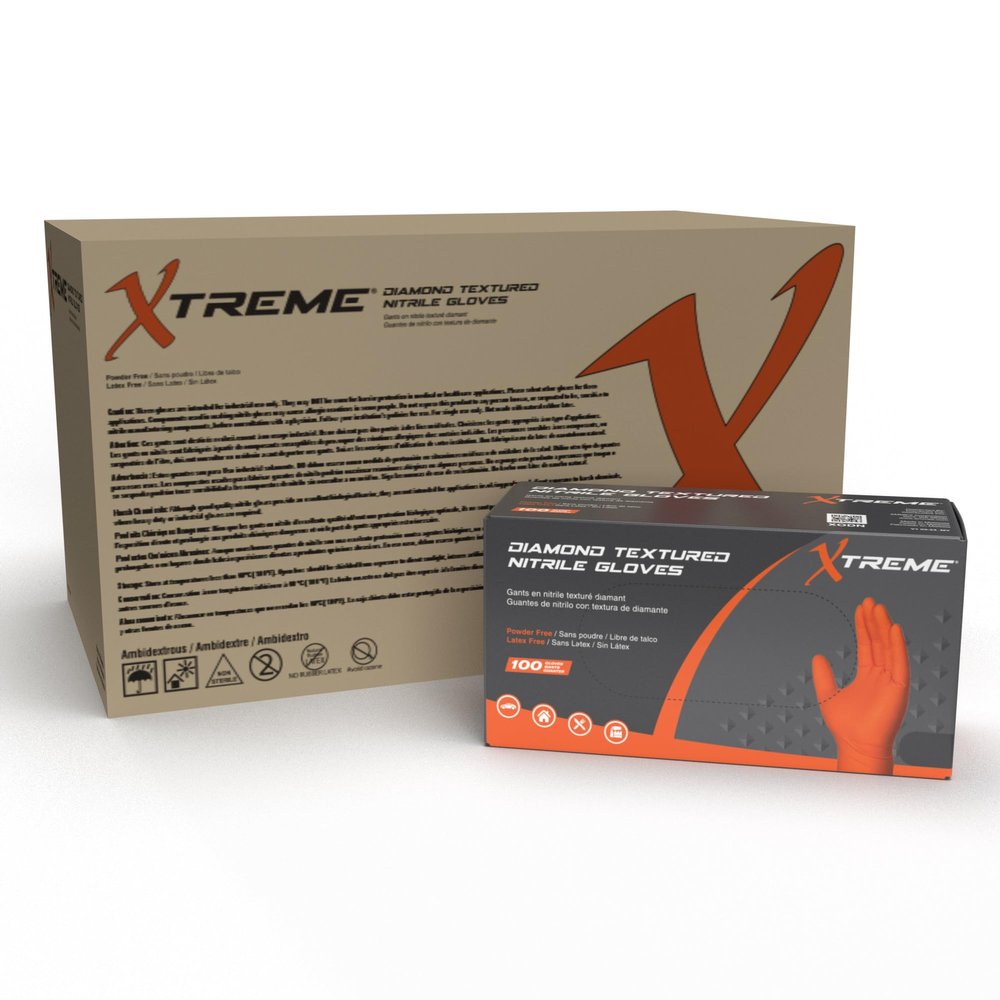 Xtreme Orange Nitrile Gloves with Diamond Texture, Powder Free, Industrial Grade, Size XX-Large, Case of 1000 Gloves