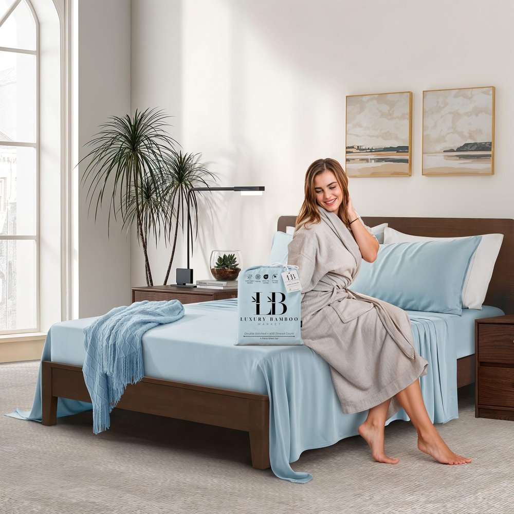 Luxury Bamboo Market | Queen Size Bed Sheet Set | 100% Viscose Made from Bamboo | Organically Grown | Ultra Soft | Cooling Sheets for Hot Sleepers | 17" Deep Pocket [Spa Blue]