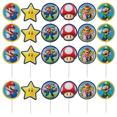 Assorted Multicolor Super Mario Brothers Picks (3.5") Pack of 24 - Perfect for Kids' Parties, Cupcakes & Decorations