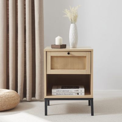 Hearth & Harbor Night Stand, 1-Drawer Bedside Table for Bedroom Storage, Bedroom Essentials, Wood Rattan Nightstand, Living Room Side Table, Modern End Table, Bedroom Furniture - 1 Piece, Natural