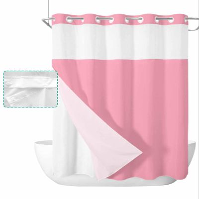 ALAGEO Shower Curtain with Snap-in Fabric Liner Set Pink No Hook Shower Curtain with Mesh Top Window Solid Color Shower Curtains Waterproof 72x96