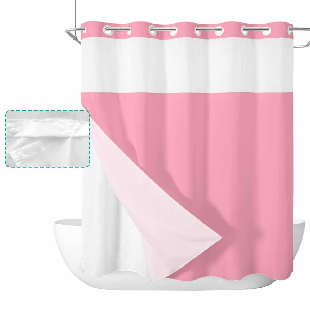 ALAGEO Shower Curtain with Snap-in Fabric Liner Set Pink No Hook Shower Curtain with Mesh Top Window Solid Color Shower Curtains Waterproof 72x96