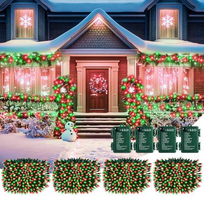 Brightown Christmas Battery Operated Outdoor Lights, 4 Pack 132FT 400 LED Fairy Lights With Timer, 8 Mode, Waterproof String for Outside Indoor Bedroom, Red & Green