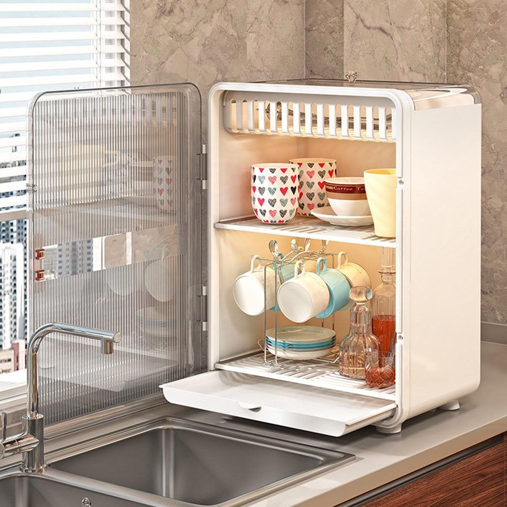 Zerodis Practical Drainer Design for Cup Storage, Transparent Tea Cup Organizer for Home Office (White)