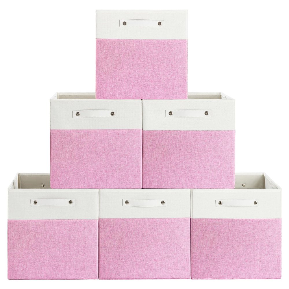 FinishingBo 13 x 13 Inch Fine Linen Storage Bins with HandlesFabric Cube BoxsBasket Organizers for Shelves for Home, Closet Drawers (White/Pink-6 Pack)