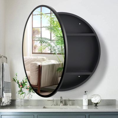 Movo 26 Inch x 26 Inch Round Circle Black Aluminuml Framed Bathroom Mirror Medicine Cabinet, Circular Storage Cabinet Surface Mounted Black