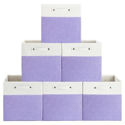 FinishingBo 13 x 13 Inch Fine Linen Storage Bins with HandlesFabric Cube BoxsBasket Organizers for Shelves for Home, Closet Drawers (White/Purple-6 Pack)