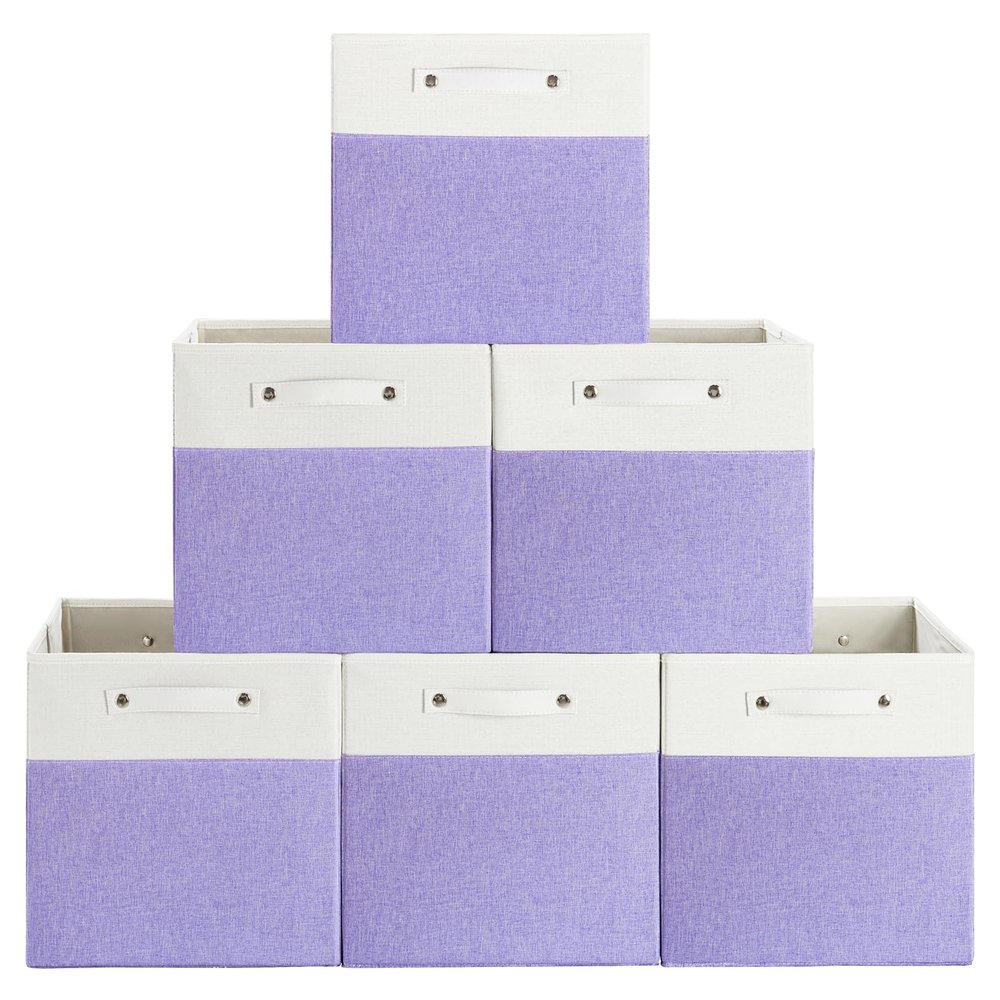 FinishingBo 13 x 13 Inch Fine Linen Storage Bins with HandlesFabric Cube BoxsBasket Organizers for Shelves for Home, Closet Drawers (White/Purple-6 Pack)
