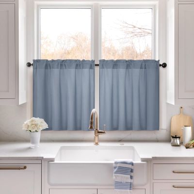 HOMEIDEAS Non-See-Through Stone Blue Privacy Sheer Kitchen Curtains, 30 X 24 Inches Long 2 Panels Short Sheer Curtains Light Filtering Bathroom Window Drapes for Bedroom Living Room