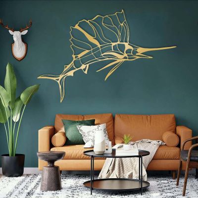 Swordfish Metal Wall Art, Metal Fish Wall Art, Abstract Marlin Minimalist Line Art, Swordfish Wall Decor, Nautical Metal Wall Art, Minimalist Line Art, Metal Wall Art for Living Room (Gold, 53" x36"|135x90cm)