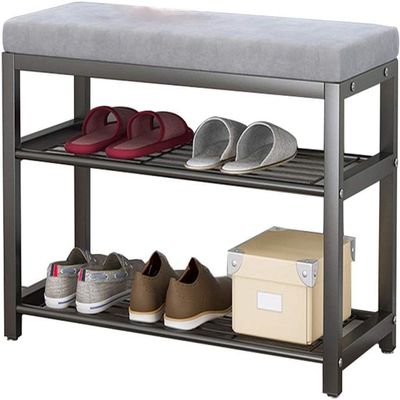 KaBuea Entryway Shoe Bench Storage Bench End of Bed Bench Entryway Shoe Rack Simple Wrought Iron Frame, The Shoe-Changing Stool(Size:100 * 33 * 43cm,Color:Black+Gray)