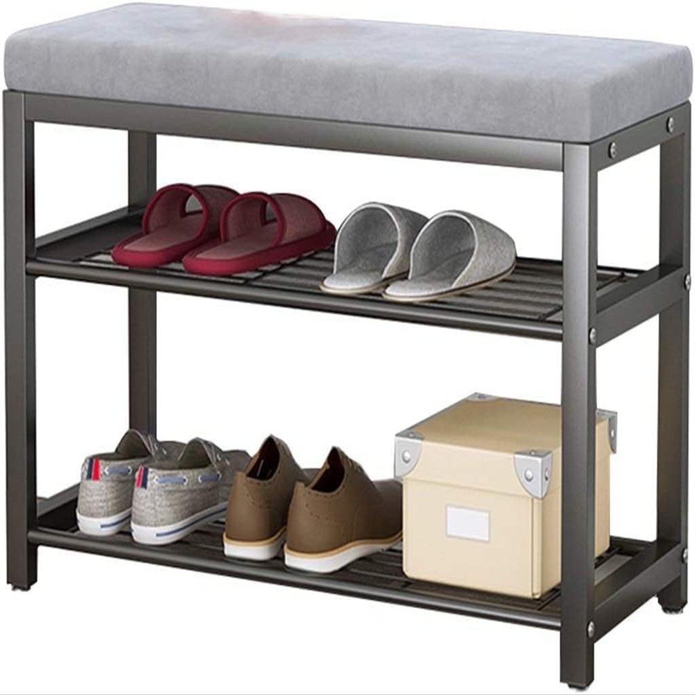 KaBuea Entryway Shoe Bench Storage Bench End of Bed Bench Entryway Shoe Rack Simple Wrought Iron Frame, The Shoe-Changing Stool(Size:100 * 33 * 43cm,Color:Black+Gray)