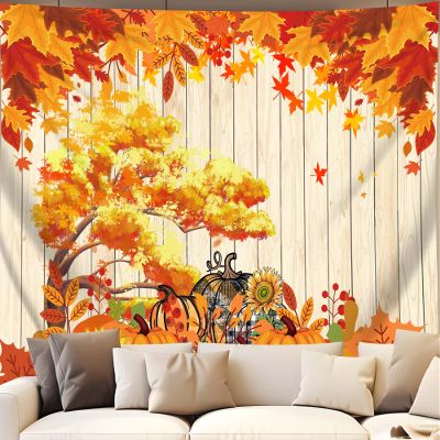 QGHOT Fall Tapestry Wall Hanging Autumn Photo Backdrop Rustic Orange Wood Tapestry Tree Maple Leaf Pumpkin Nature Landscape Country Tapestries for Bedroom Room Thanksgiving Decor (59.1"x51.2")