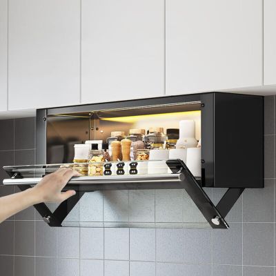 KJLYLPP Kitchen Pull Down Cabinet Organizer, 2-Tier Wall Cabinet Storage, Clear Glass Door and Stainless Steel Handle, Space-Saving High Cabinet Finishing Rack (60cm/23.6in)