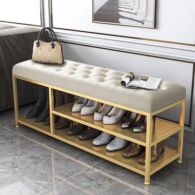 KaBuea Soft Upholstered Shoe Bench Shoe Rack Bench,Shoe Storage Bench Entry Shoe Organizer Furniture-Gray Leather 80x35x45cm(Size:120x35x45cm(47x14x18inch),Color:Beige Leather)