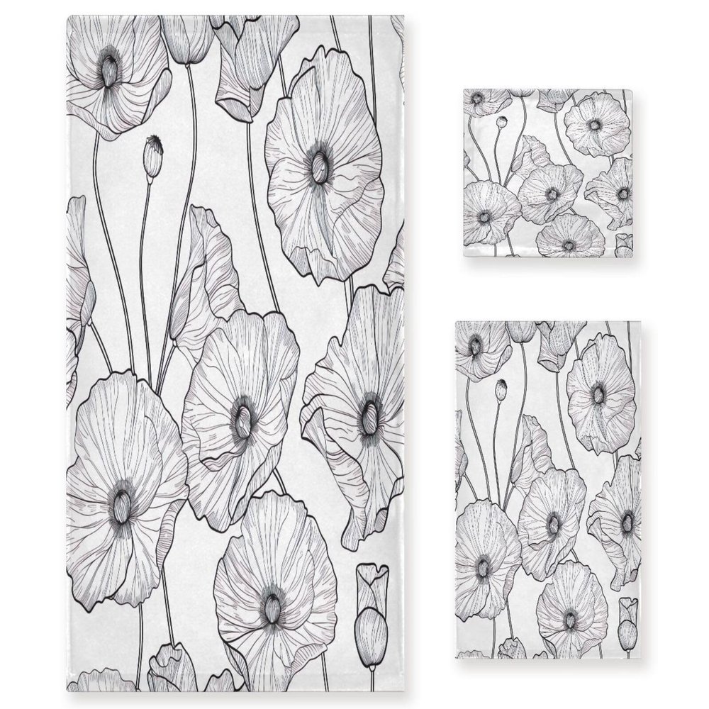 Haskirky Beautiful Flowers 3 Piece Towel Set,Absorbent Soft Bath Towel Quick Dry Light Weight Hand and Washcloth Set for Gym Bathing Home Shower