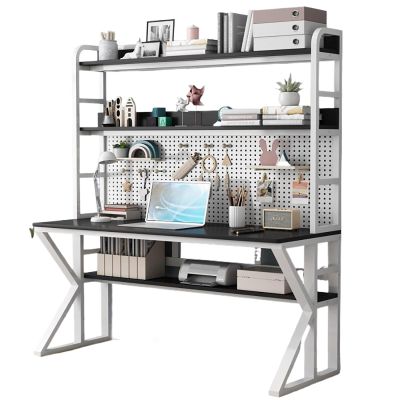 Home Office Computer Desk With Hutch,gaming Desk With Pegboard,large Pc Table Computer Desk With Shelves,study Writing Table Workstation For Home Office,stainless Steel Frame(47.2", White black)