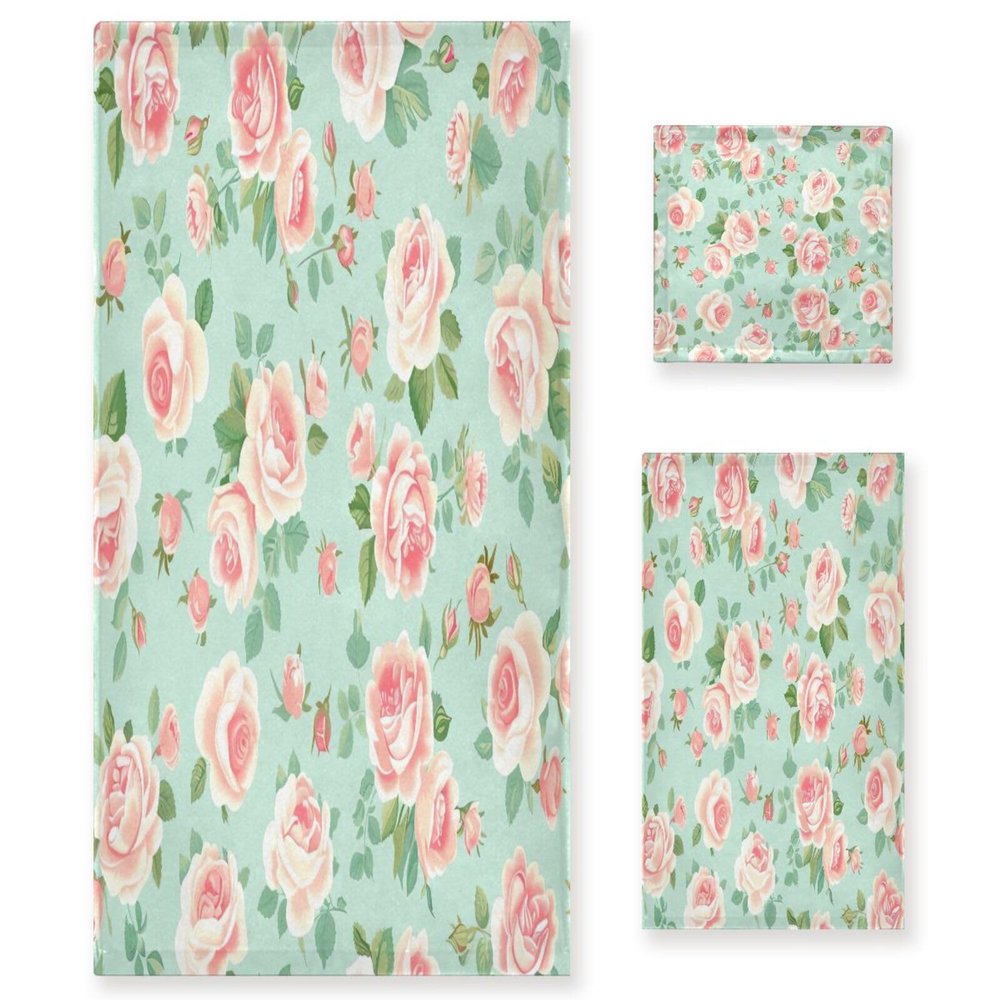 Haskirky Fresh Style Floral Fragments 3 Piece Towel Set,Absorbent Soft Bath Towel Quick Dry Light Weight Hand and Washcloth Set for Gym Bathing Home Shower