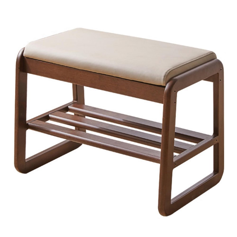 SUZEPER Entrance Shoe Bench with Cushion, 2-Tier Long Wooden Shoe Rack, Mid-Century Modern Storage End of Bed Bench for Hallway Bedroom(L55cm(21.6in), Walnut)