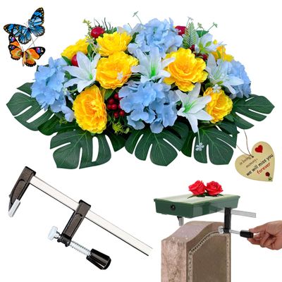 ALL SPECIAL Headstone Flower Saddle Artificial Cemetery Flowers - Grave Gravestone Saddles, Tombstone Flowers Saddle for Mother's Day, Memorial Day, Gravesite Decorations Saddles, Never Be Blown Away