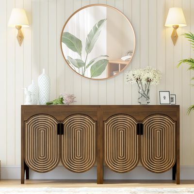 FurSch Fluted Sideboard Cabinet with Storage,Buffet Cabinet with Adjustable Shelves,Accent Storage Cabinets with Carved Arc Door Kitchen Dining Living Room (Walnut, 4 Doors)
