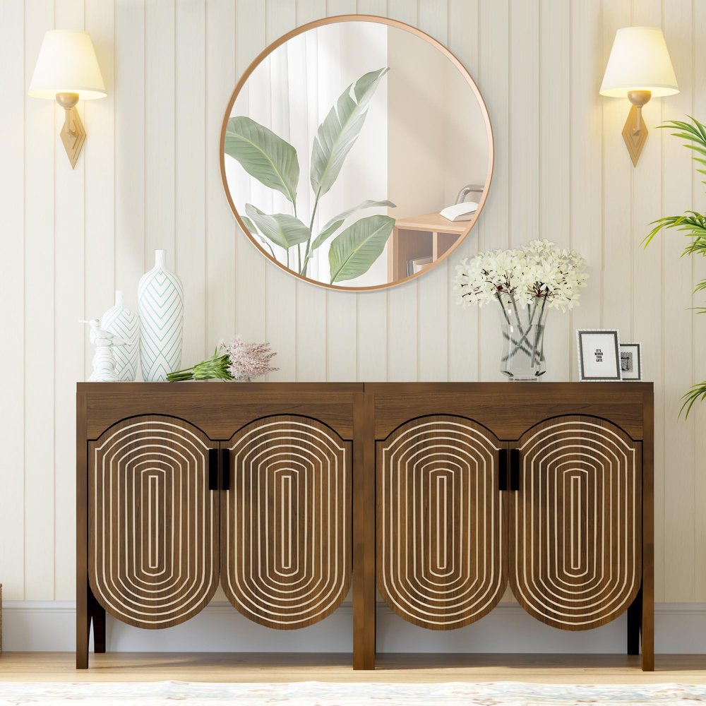 FurSch Fluted Sideboard Cabinet with Storage,Buffet Cabinet with Adjustable Shelves,Accent Storage Cabinets with Carved Arc Door Kitchen Dining Living Room (Walnut, 4 Doors)