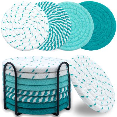 8 Pcs Drink Coasters with Holder, Minimalist Cotton Woven Coaster Set, 4 Colors Absorbent Coaster Protection Protection for Various Cups, Ideal for Coffee Tables and Home Decor Tabletop, 4.3 Inches