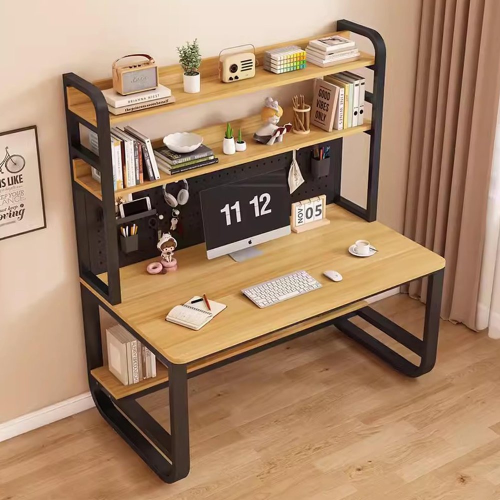 SUZEPER Computer Desk with Bookshelf and Hutch, Spacious Desktop Metal Legs Bookcase,Open Storage Space Writing Study Table for Home Office Desk(39.3x23.6x70in, Walnut Black)