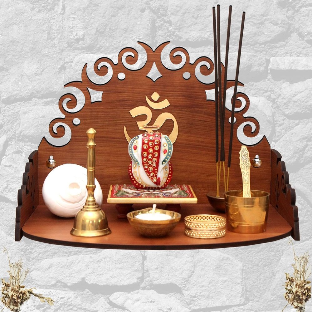 Generic Floral 2 Wall Mounted Wooden Home Pooja Temple Mandir Puja Room Items Stand Home Decor Office Chowki Shelf Hanging Product (Height- 8.5, Length- 12, Width-8.85 Inch) (Brown) ASSEMBLED