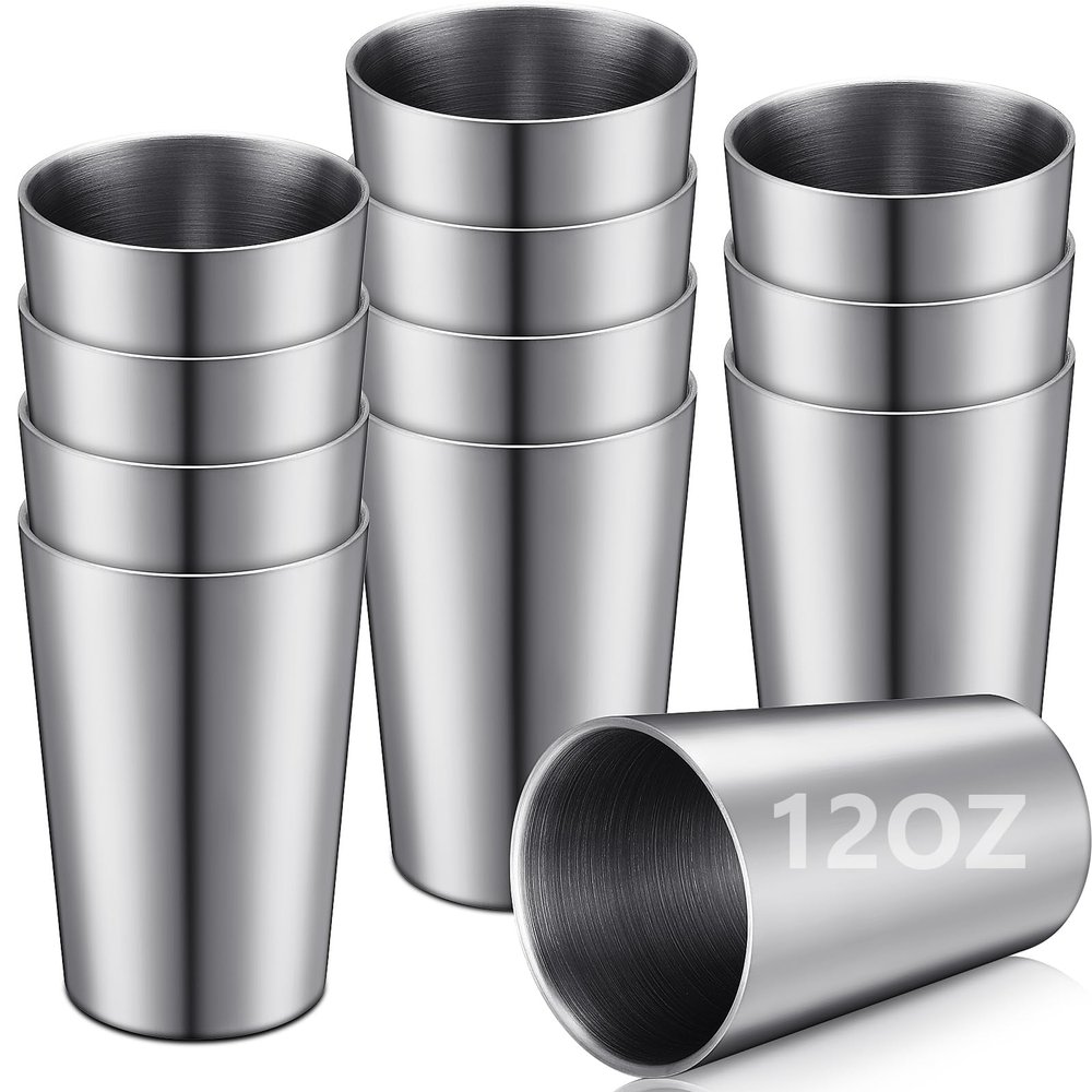 Ziliny 12 Pack Stainless Steel Cups 12oz Double Wall Vacuum Cup Stackable Insulated Metal Tumbler Drinking Glasses for Party Bar Travel Camping Outdoor and Home(Sliver)
