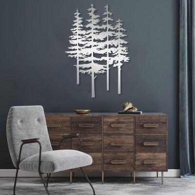 Metal Pine Tree Wall Decor, Forest Wall Art, Tree Metal Sign, Botanical Home Art, Nature Lovers Gift, Home Decor Living Room (Silver, 24"x17" | 60x42cm)