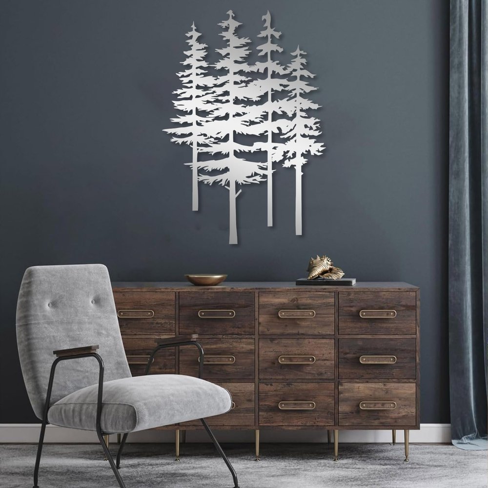 Metal Pine Tree Wall Decor, Forest Wall Art, Tree Metal Sign, Botanical Home Art, Nature Lovers Gift, Home Decor Living Room (Silver, 24"x17" | 60x42cm)