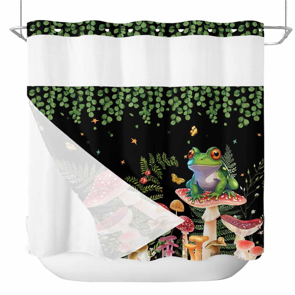 No Hook Shower Curtains with Snap in Liner, Mushrooms Frog Waterproof Fabric Shower Curtain, Spring Summer Botanical Classic Black Double Layers & See-Through Top Window Bathroom Curtains 72''x72''
