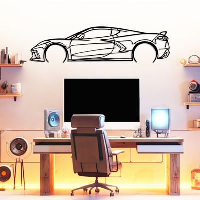 DecoSoul Corvette C8 Model Silhouette Metal Car Wall Art, Sports Car, Automotive Silhouette Line Decoration, Minimalist Sculpture for Garage, Gift for Boyfriend and Car Lovers, (Black - 55 x 15 inch)