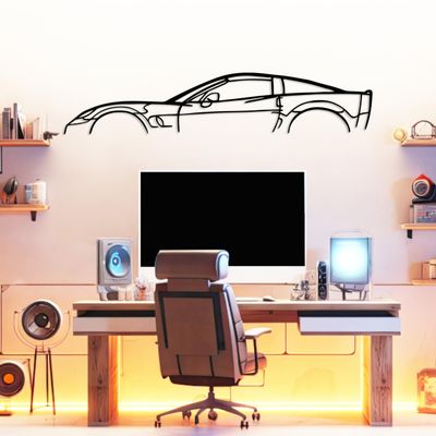 DecoSoul Corvette ZR1 Model Silhouette Metal Car Wall Art, Sports Car, Automotive Silhouette Line Decoration, Minimalist Sculpture for Garage, Gift for Boyfriend Car Lovers (Black - 30 x 8.2 inch)