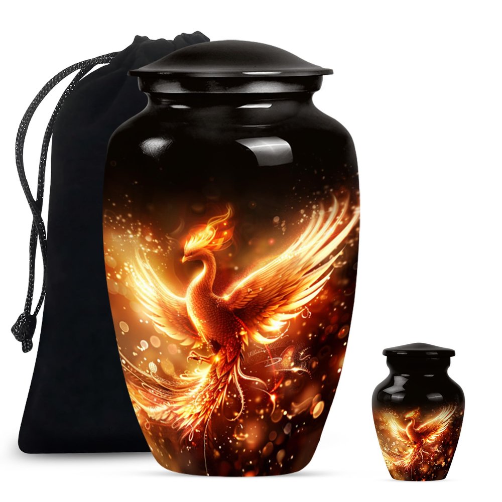 YATHABHISA Phoenix Bird Urns, Decorative Urns, Large & Small Keepsake for Men & Women, Burial Urns for Adult Human Ashes, Memorial Urn, Combo of 1 Large Urn with Velvet Bag and 1 Small Keepsake