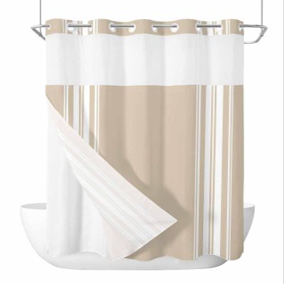 Ldtrchee No Hook Khaki Stripe Shower Curtain with Snap in Liner Set, Beige Farmhouse Simple Line Fabric Waterproof Bathroom Curtains with See Through Top Window, Hotel Style Extra Long 72 x 96 Inch