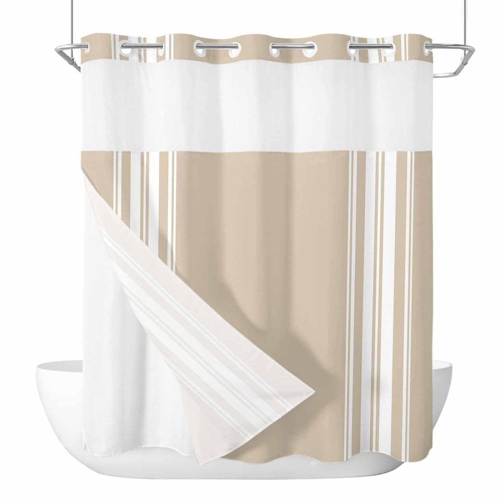 Ldtrchee No Hook Khaki Stripe Shower Curtain with Snap in Liner Set, Beige Farmhouse Simple Line Fabric Waterproof Bathroom Curtains with See Through Top Window, Hotel Style Extra Long 72 x 96 Inch