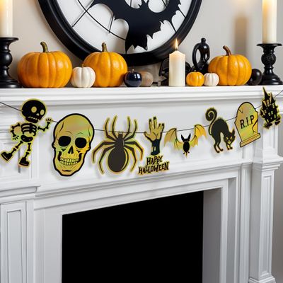KatchOn, Iridescent Black and Gold Halloween Garland - Huge 10 Feet, No DIY | Skeleton Garland for Halloween Party Decorations Indoor | Spooky Decor, Skull Decorations | Gothic Decor