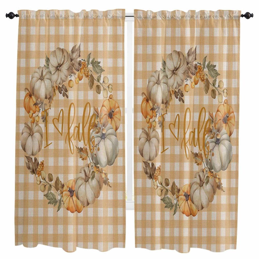 Autumn Orange Plaid Pumpkins Kitchen Curtain 72 Inch Length Window Curtains and Drapes for Cafe/Living Room,2 Panels Window Treatment Rod Pocket Drapery,Thanksgiving Leaves Wreath Berries 104x72
