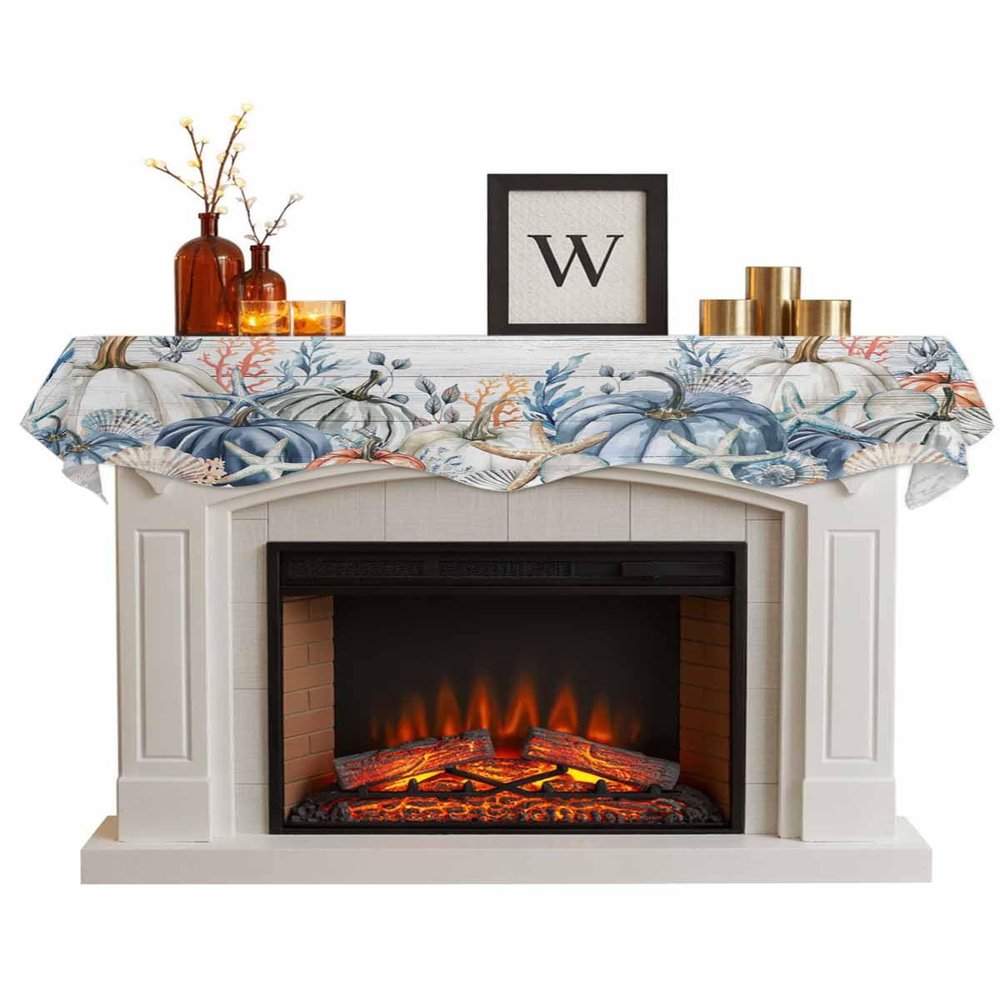 Coastal Pumpkin Fireplace Mantle Scarf,Fireplace Scarf Cover Mantel Shelf Top Scarf Runner Mantel Cover Fireplace Decoration for Holiday Living Room 70"x17" Blue Nautical Eucalyptus Starfish Woodgrain