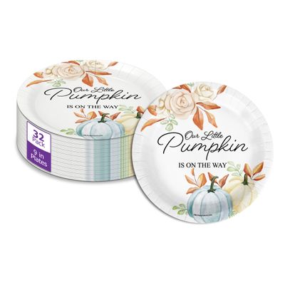 Birthday Galore Little Pumpkin On The Way Boy Baby Shower - 32 Piece Disposable Party Supplies - Fall Baby Shower Decorations - Round Party Plates - Large 9" Paper Plates In Bulk