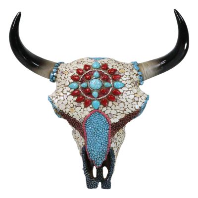 Ebros Gift 10" High Southwestern Tribal Indian Steer Bull Cow Skull Head with Mosaic Turquoise Red White Pebbles and Rocks Aztec Sun Teardrop Gems Wall Plaque Decor Figurine