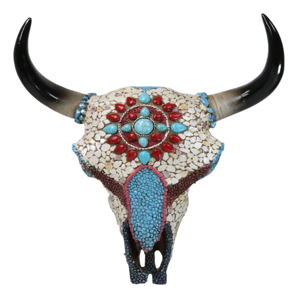 Ebros Gift 10" High Southwestern Tribal Indian Steer Bull Cow Skull Head with Mosaic Turquoise Red White Pebbles and Rocks Aztec Sun Teardrop Gems Wall Plaque Decor Figurine